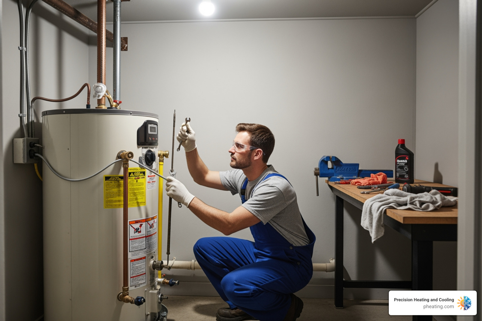 Image of a technician performing maintenance on a water heater - "I smell a gas smell from my water heater. Who offers emergency service in Palo Alto? Image of a technician performing maintenance on a water heater - "I smell a gas smell from my water heater. Who offers emergency service in Palo Alto?
