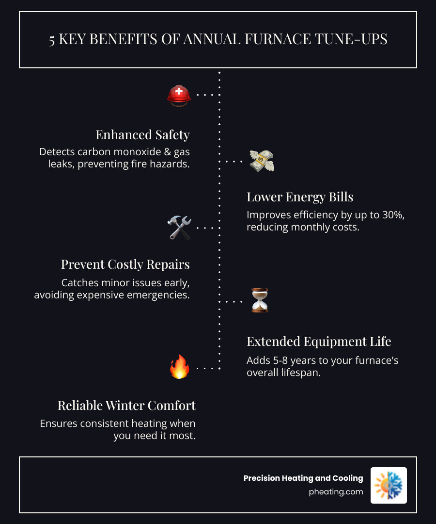 infographic showing five key benefits of annual furnace tune-ups: 1. Enhanced Safety - detecting carbon monoxide leaks and gas issues, 2. Lower Energy Bills - improving efficiency by up to 30%, 3. Prevent Costly Repairs - catching problems before they become emergencies, 4. Extended Equipment Life - adding 5-8 years to furnace lifespan, 5. Reliable Winter Comfort - ensuring heat when you need it most - furnace tune up infographic infographic-line-5-steps-dark infographic showing five key benefits of annual furnace tune-ups: 1. Enhanced Safety - detecting carbon monoxide leaks and gas issues, 2. Lower Energy Bills - improving efficiency by up to 30%, 3. Prevent Costly Repairs - catching problems before they become emergencies, 4. Extended Equipment Life - adding 5-8 years to furnace lifespan, 5. Reliable Winter Comfort - ensuring heat when you need it most - furnace tune up infographic infographic-line-5-steps-dark