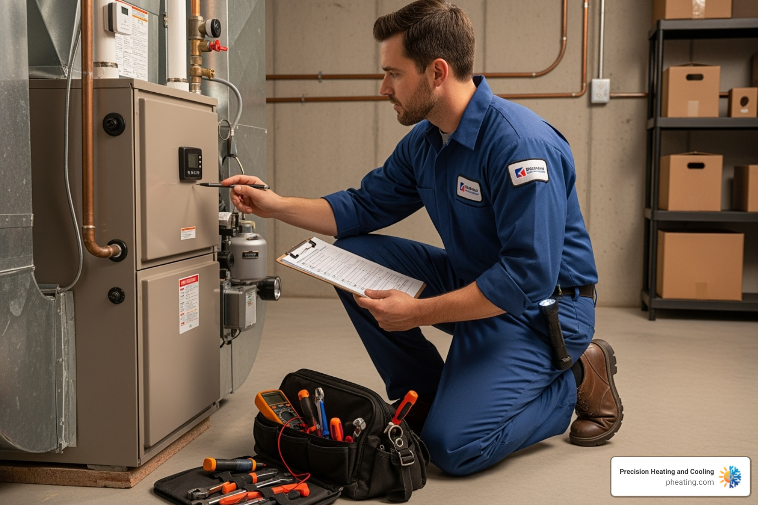 professional technician inspecting a furnace with a checklist - furnace tune up professional technician inspecting a furnace with a checklist - furnace tune up
