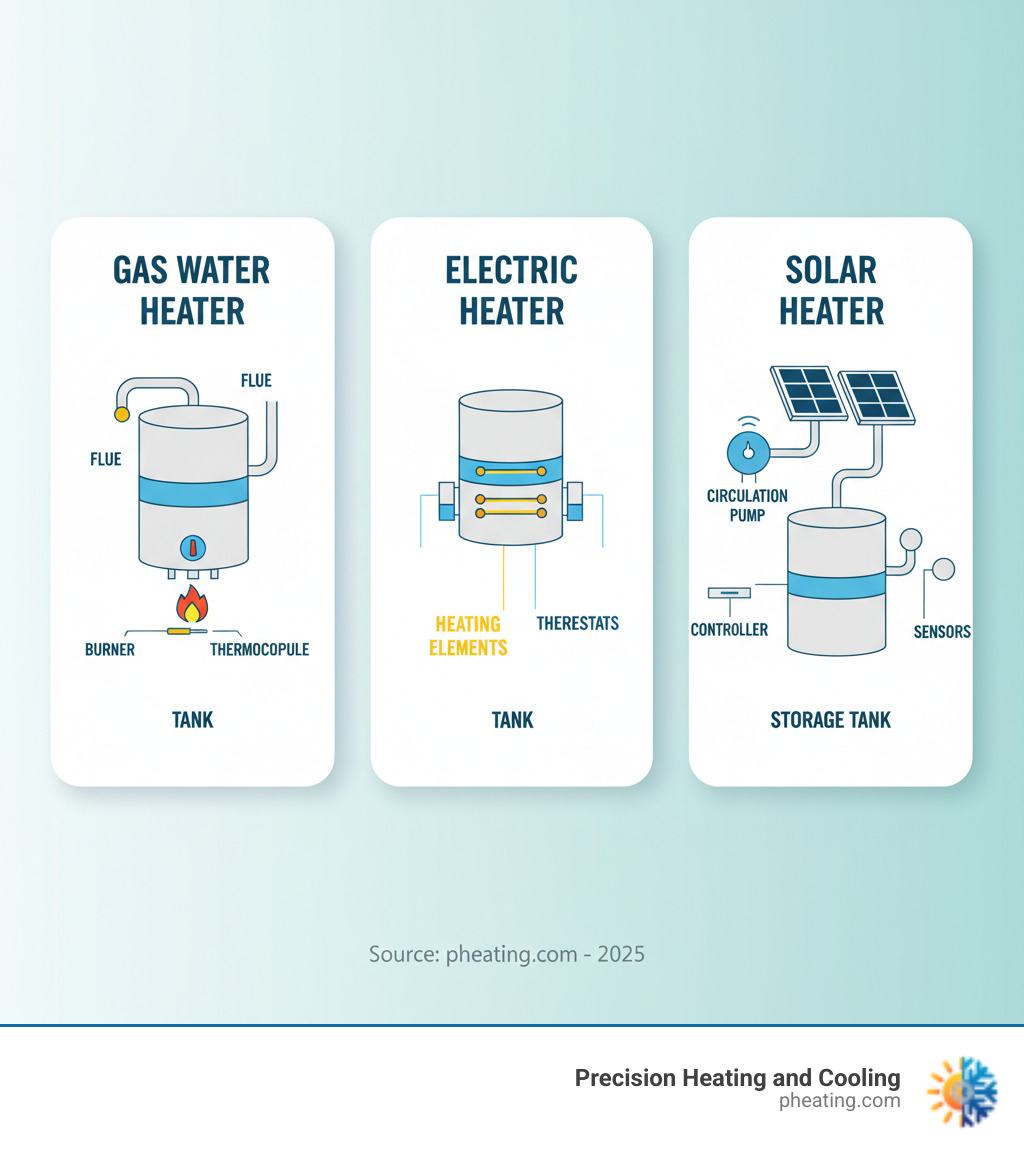 Infographic showing the basic components of three water heater types: Gas (burner, thermocouple, flue, tank), Electric (heating elements, thermostats, tank), and Solar (collectors, circulation pump, storage tank, controller, sensors) - solar water heater repair infographic Infographic showing the basic components of three water heater types: Gas (burner, thermocouple, flue, tank), Electric (heating elements, thermostats, tank), and Solar (collectors, circulation pump, storage tank, controller, sensors) - solar water heater repair infographic