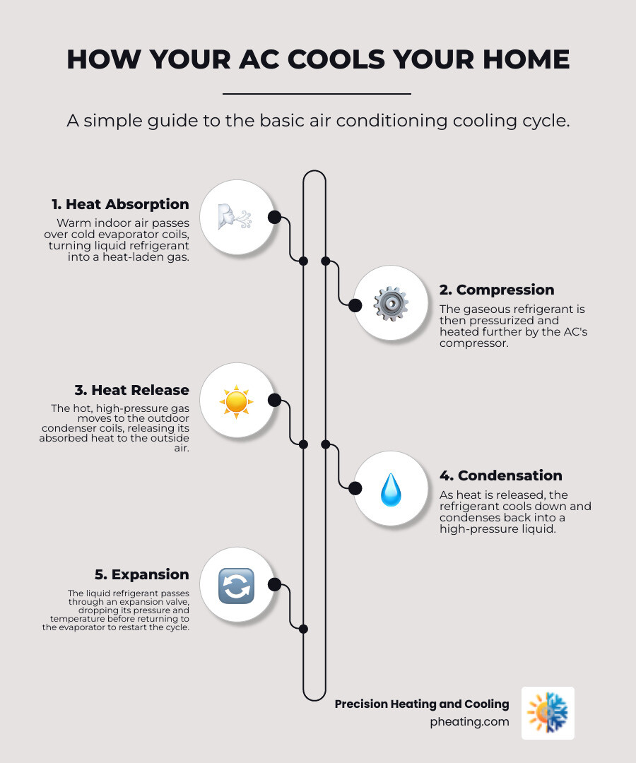 infographic showing the basic air conditioning cooling cycle with compressor outdoor unit refrigerant flow evaporator coils indoor air handler and thermostat control - ac repair san jose ca infographic infographic-line-5-steps-elegant_beige
