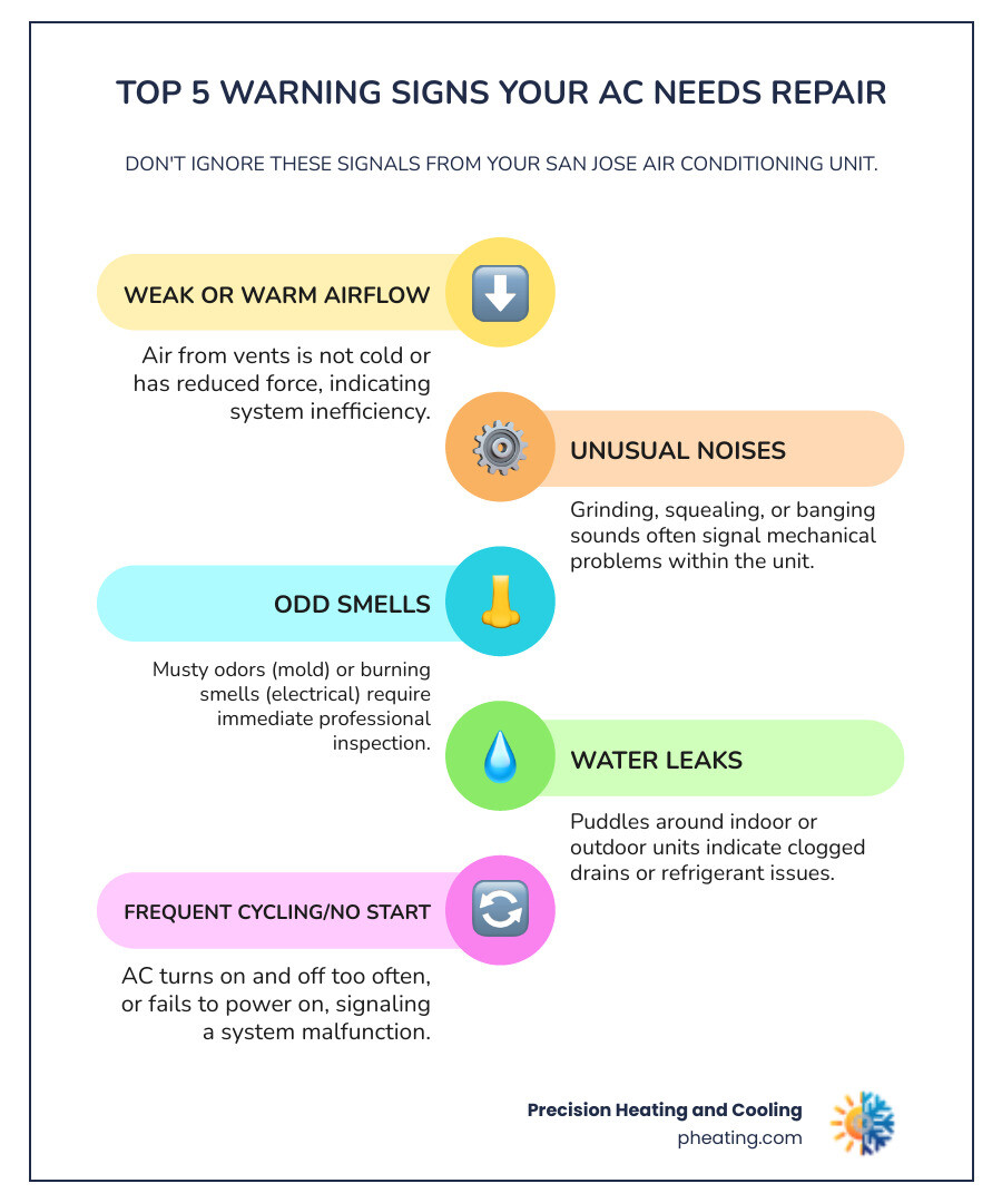 Infographic showing the top 5 warning signs your San Jose AC unit needs repair: weak or warm airflow from vents, unusual grinding or squealing noises, musty or burning odors, water pooling near the indoor or outdoor unit, and frequent on-off cycling or system failure to start - air conditioning repair san jose infographic infographic-line-5-steps-colors Infographic showing the top 5 warning signs your San Jose AC unit needs repair: weak or warm airflow from vents, unusual grinding or squealing noises, musty or burning odors, water pooling near the indoor or outdoor unit, and frequent on-off cycling or system failure to start - air conditioning repair san jose infographic infographic-line-5-steps-colors