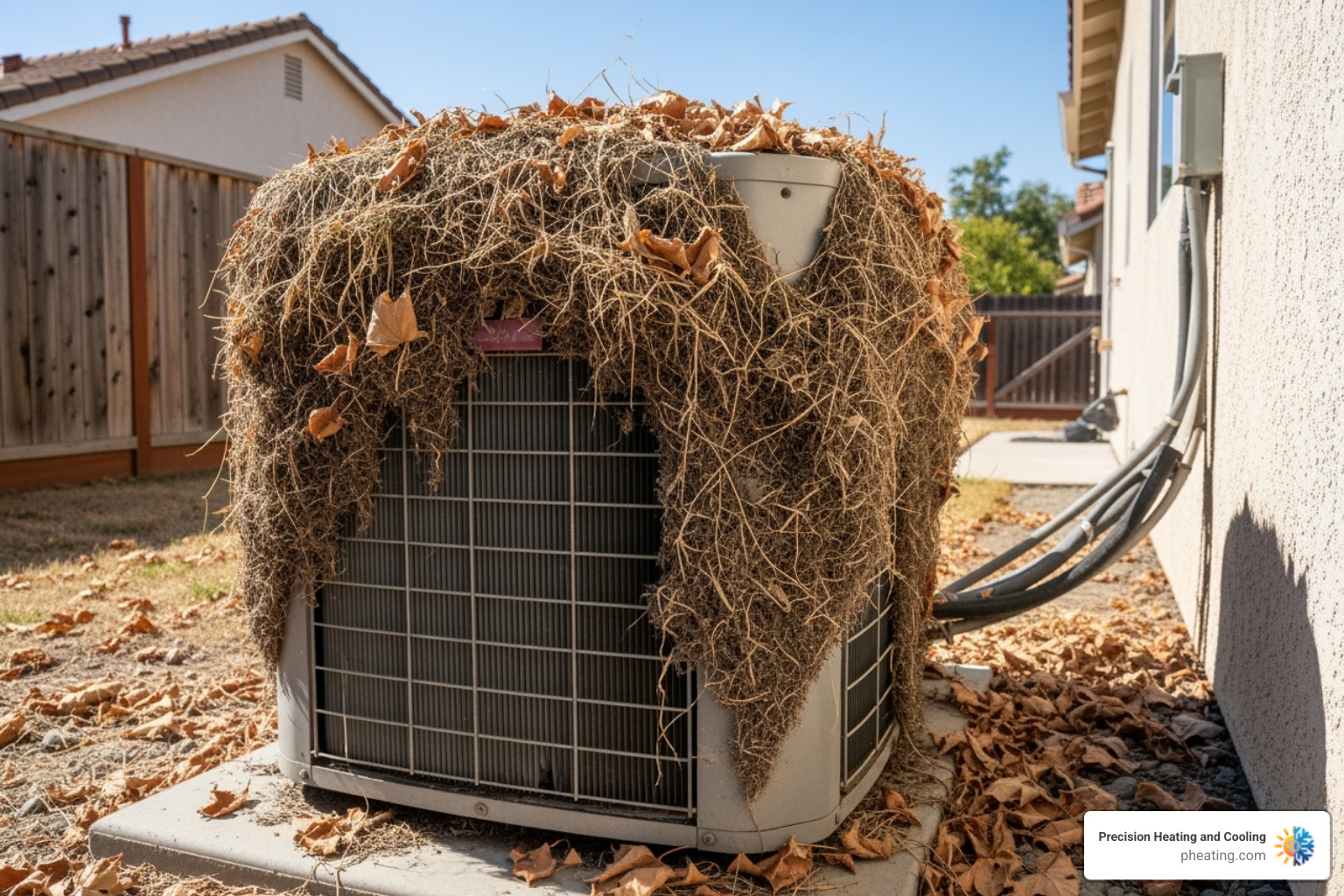 outdoor AC condenser unit with leaves and debris around it - air conditioning repair san jose outdoor AC condenser unit with leaves and debris around it - air conditioning repair san jose