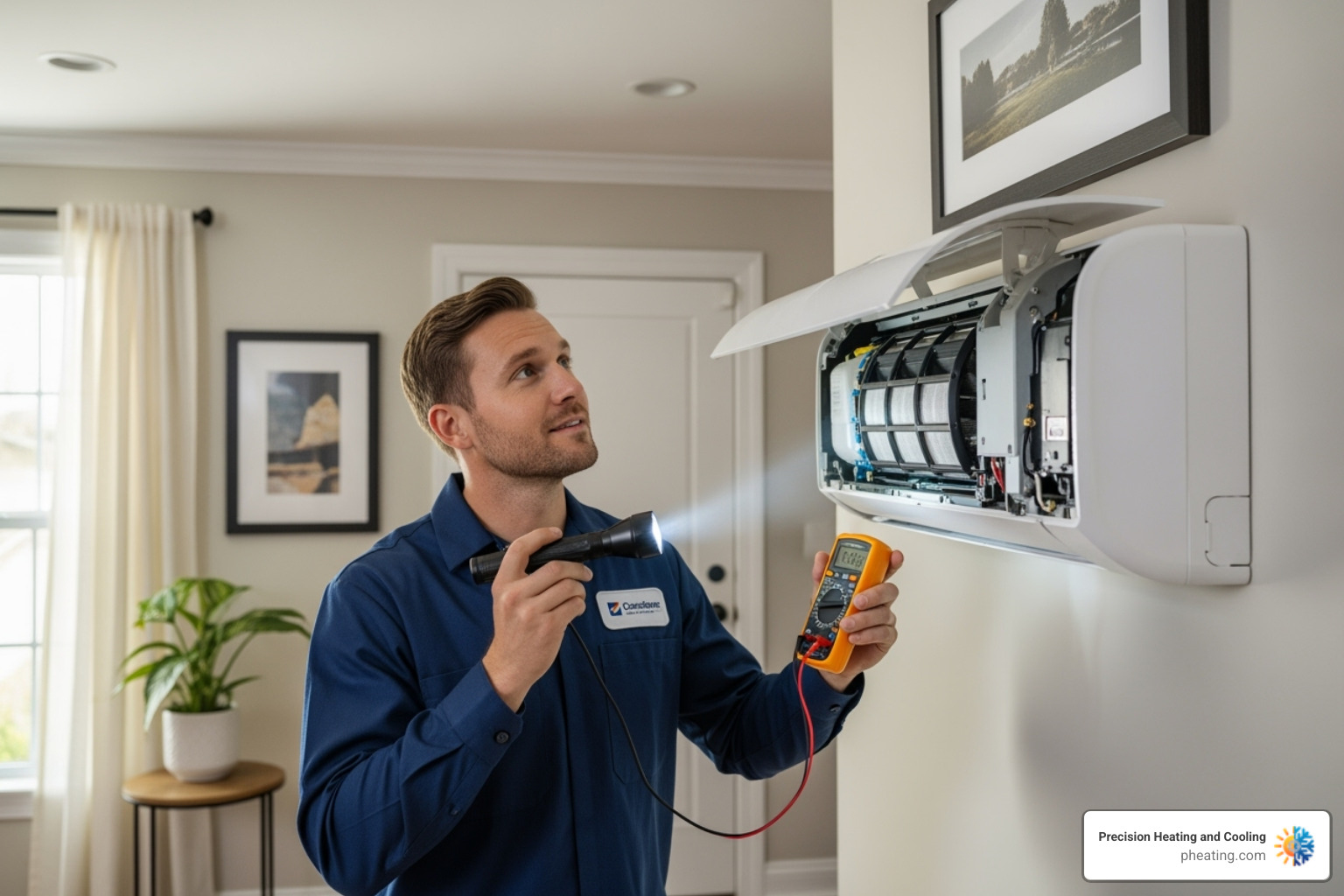 professional, friendly technician inspecting an indoor HVAC unit - air conditioning repair san jose professional, friendly technician inspecting an indoor HVAC unit - air conditioning repair san jose
