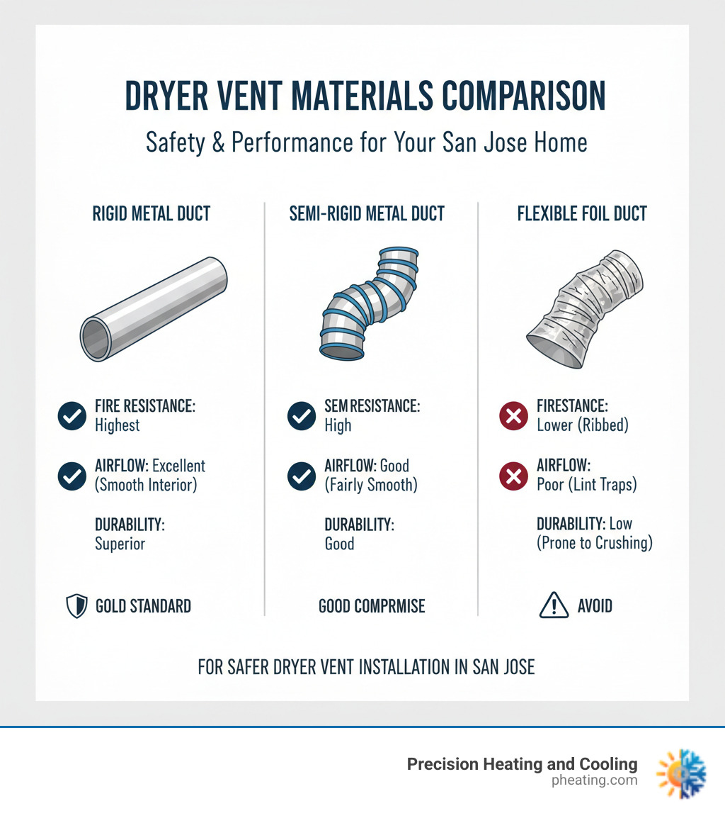 Table comparing the merits of Rigid Metal Duct, Semi-Rigid Metal Duct, and Flexible Foil Duct for dryer vent installation - dryer vent installation San Jose infographic Table comparing the merits of Rigid Metal Duct, Semi-Rigid Metal Duct, and Flexible Foil Duct for dryer vent installation - dryer vent installation San Jose infographic