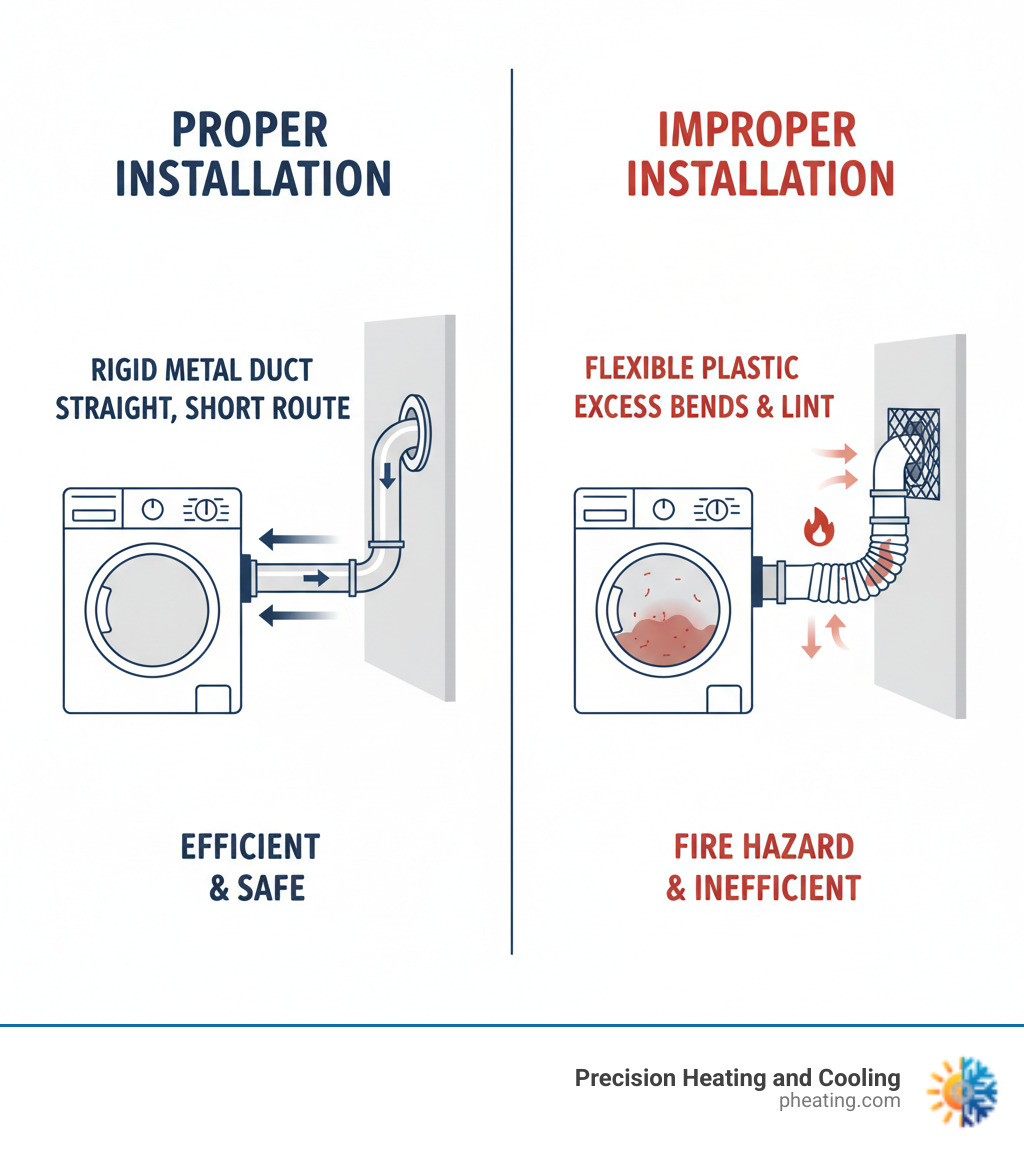 infographic showing proper dryer vent installation with straight metal duct routing to exterior versus improper installation with flexible plastic duct, excess bends, and lint buildup creating fire hazards - dryer vent installation San Jose infographic infographic showing proper dryer vent installation with straight metal duct routing to exterior versus improper installation with flexible plastic duct, excess bends, and lint buildup creating fire hazards - dryer vent installation San Jose infographic