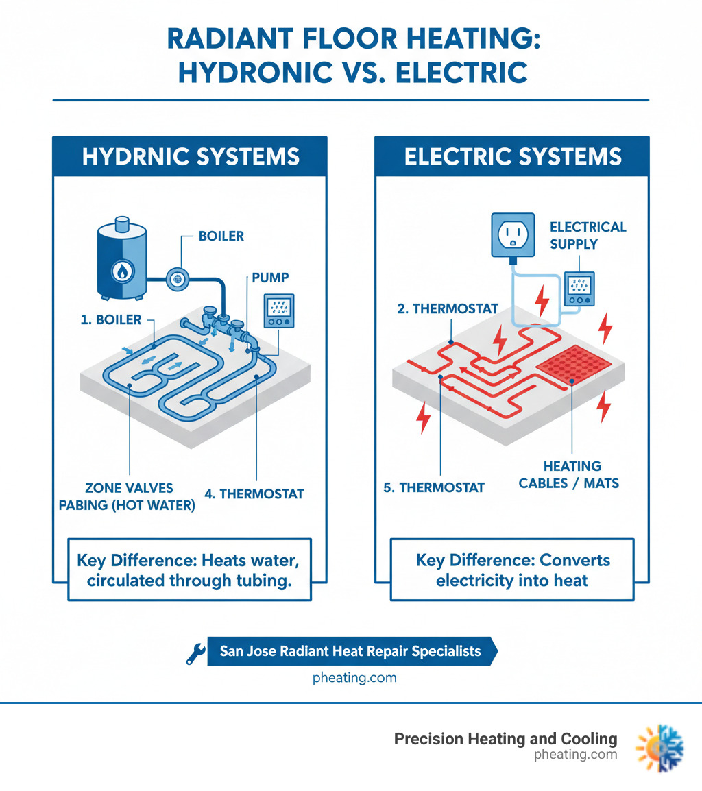infographic showing the key differences between hydronic radiant heating systems using hot water pumped through tubing under floors versus electric radiant heating systems using electrical cables or mats, with callouts for main components like boilers, pumps, zone valves, thermostats, and heating elements - radiant heat repair san jose infographic infographic showing the key differences between hydronic radiant heating systems using hot water pumped through tubing under floors versus electric radiant heating systems using electrical cables or mats, with callouts for main components like boilers, pumps, zone valves, thermostats, and heating elements - radiant heat repair san jose infographic