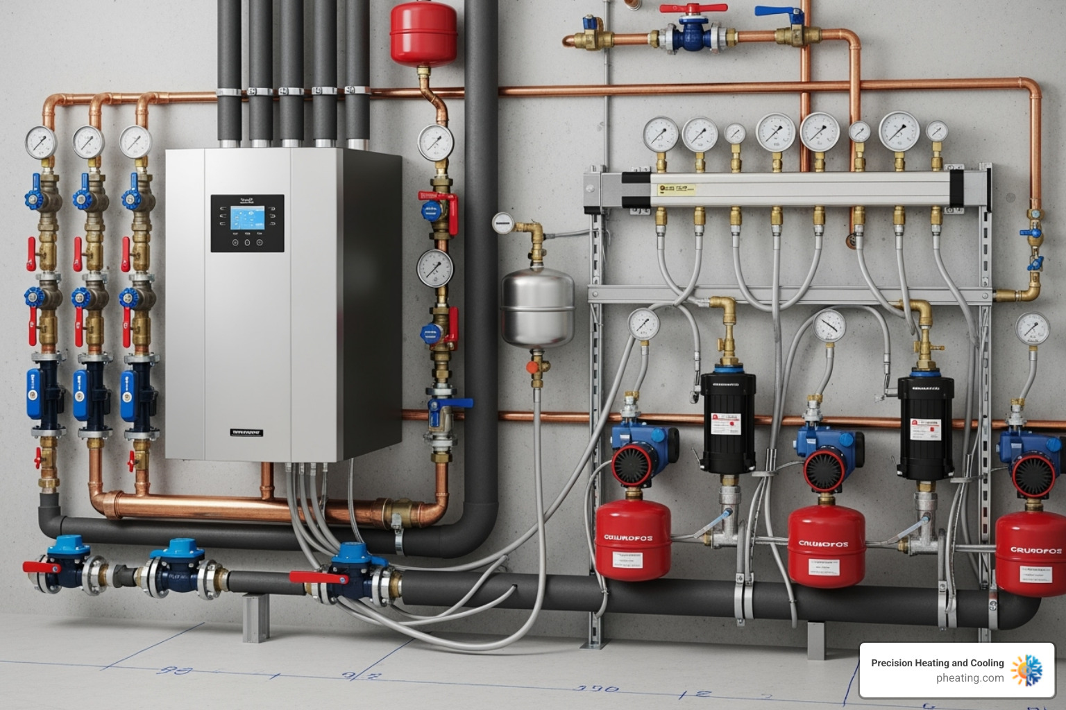 A boiler system with key components labeled, illustrating its complexity - radiant heat repair san jose A boiler system with key components labeled, illustrating its complexity - radiant heat repair san jose