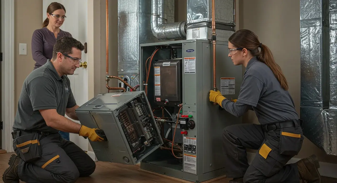 Técnicos de calefacción inspeccionando un sistema de calefacción residencial