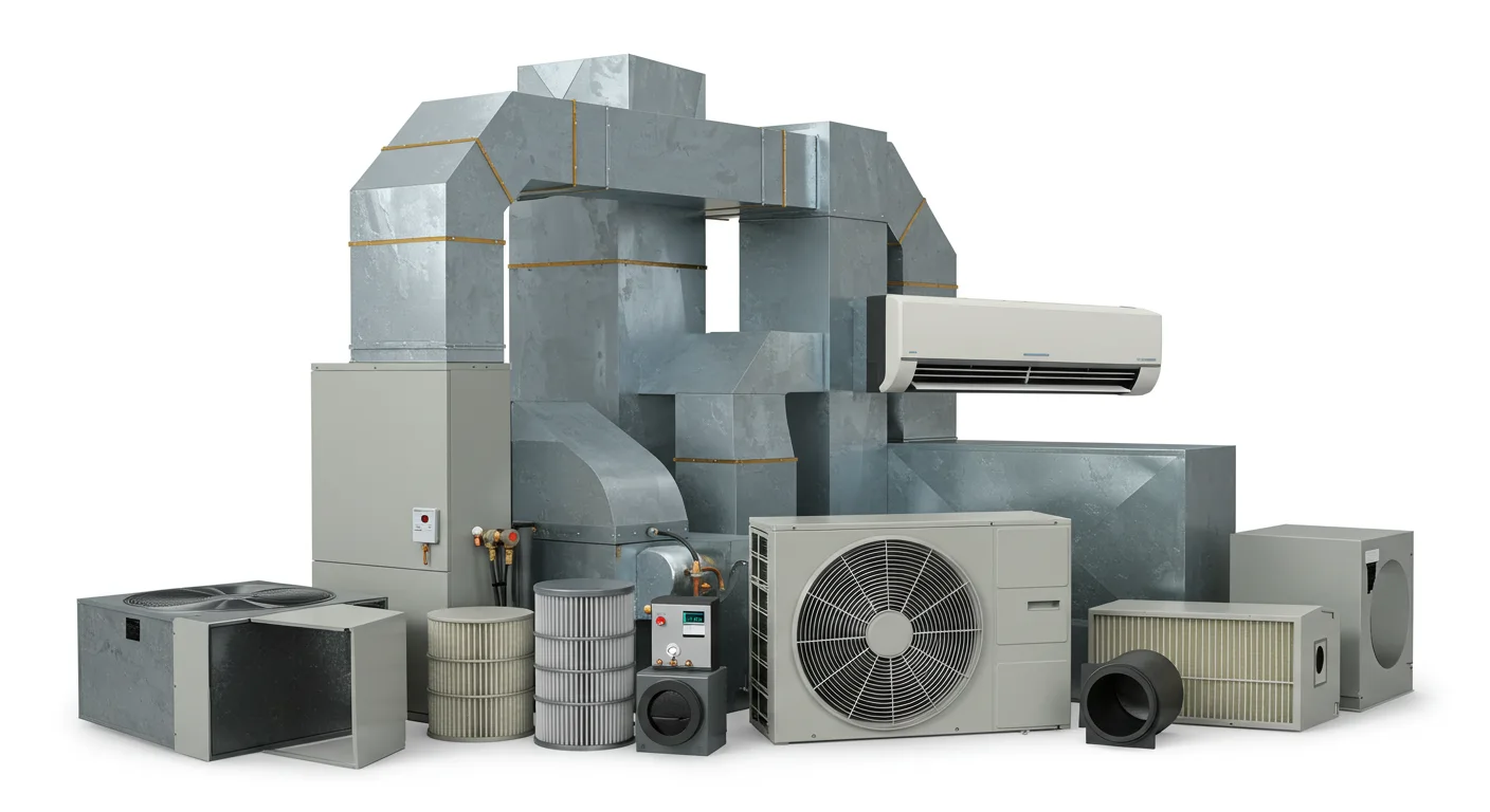 Un conjunto de unidad de aire acondicionado, ductos, filtros y otros componentes de HVAC sobre un fondo blanco.