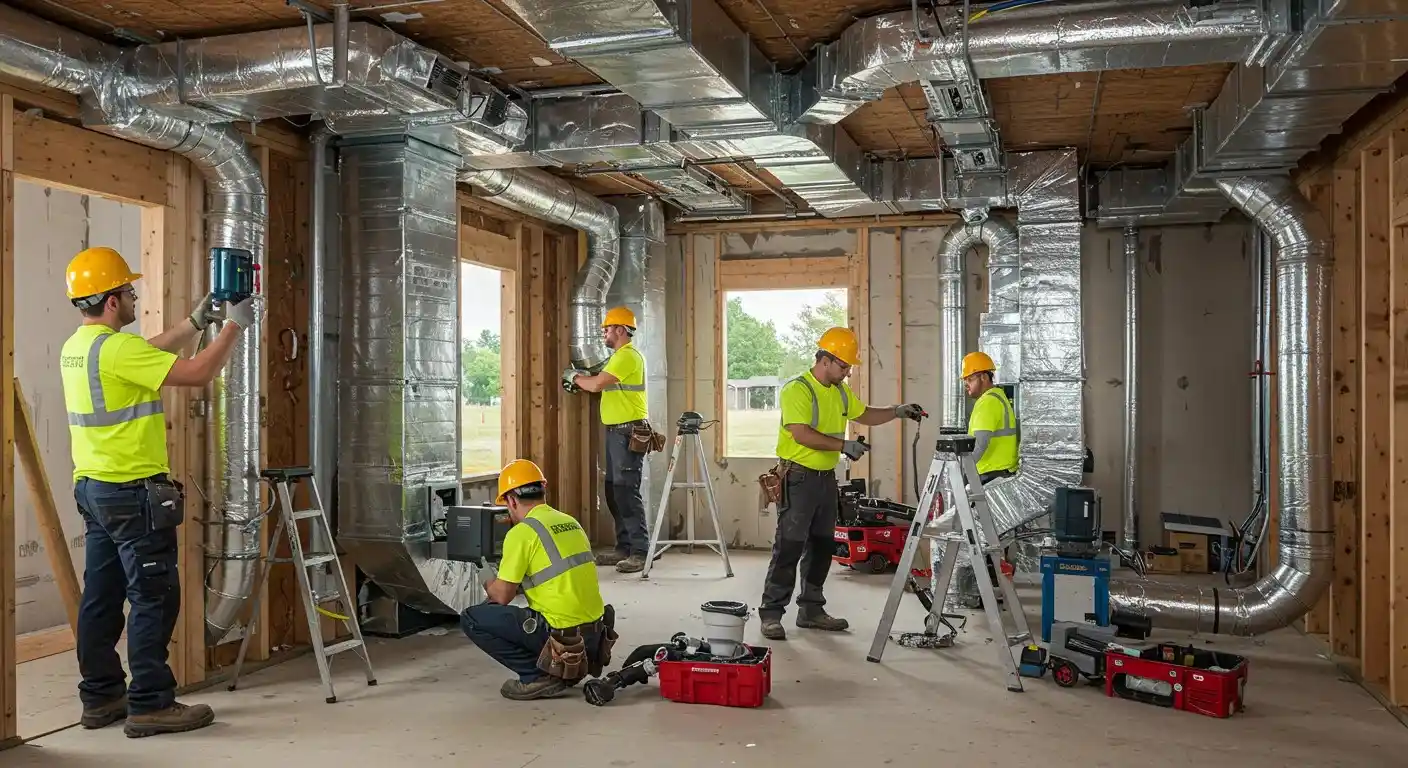 Trabajadores de construcción instalando conductos de HVAC en un edificio con estructura expuesta, conductos de metal y equipo de seguridad