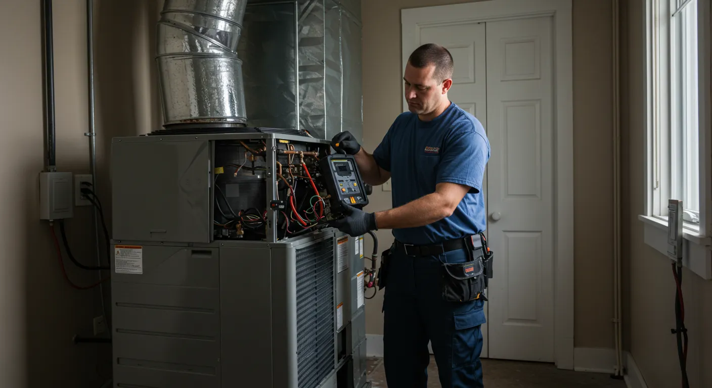 Técnico realizando mantenimiento estacional de HVAC