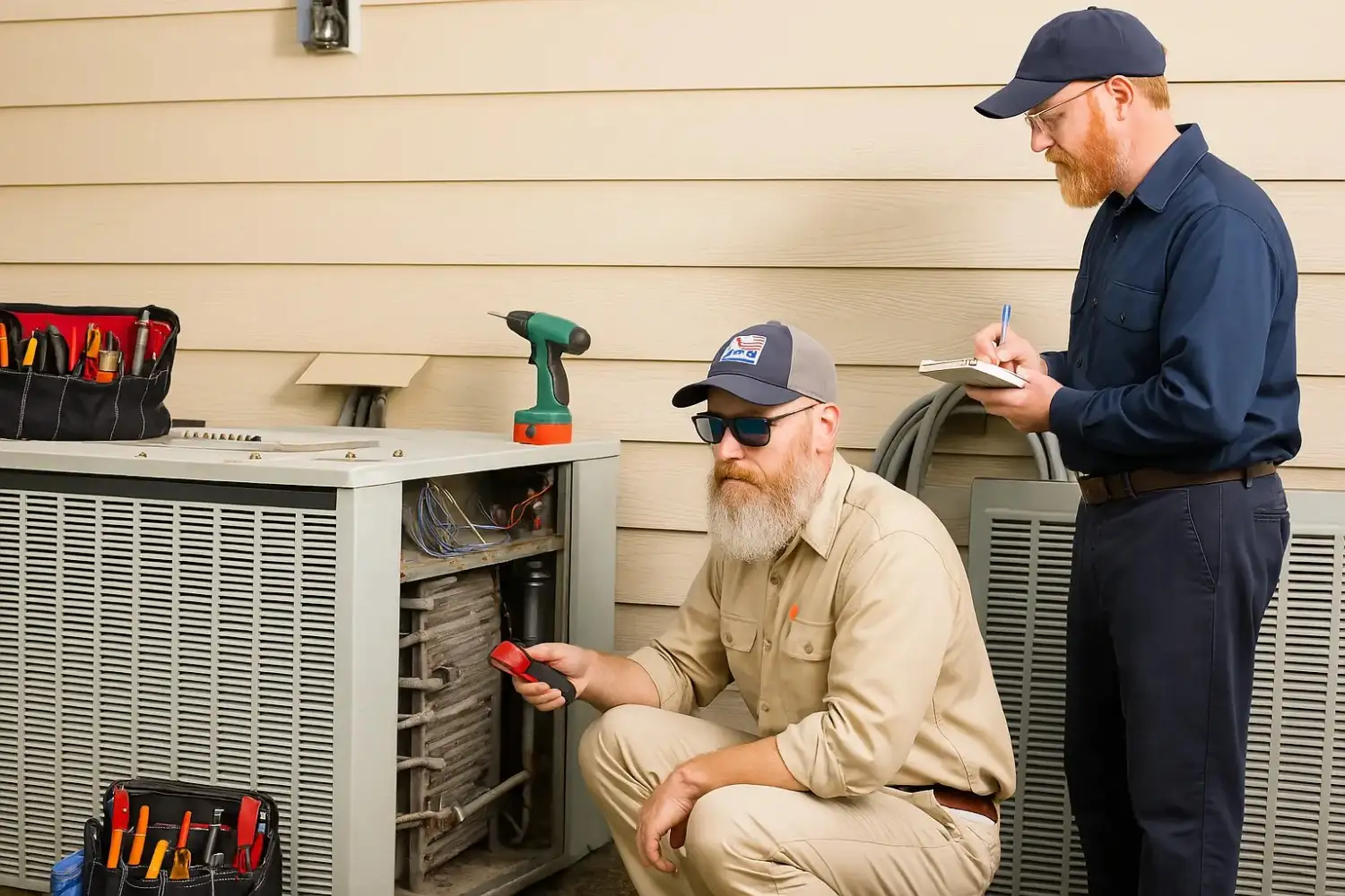 Dos técnicos con barba instalando el aire acondicionado sin ductos
