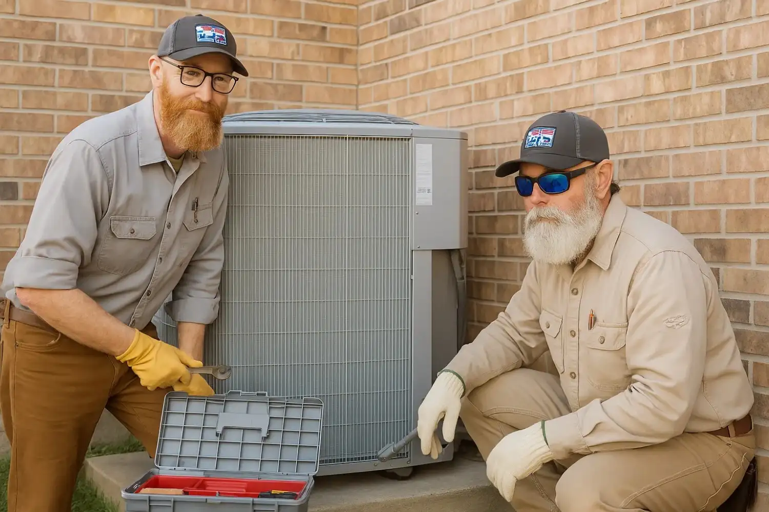 Dos hombres barbudos con sombreros reparan un aire acondicionado juntos.