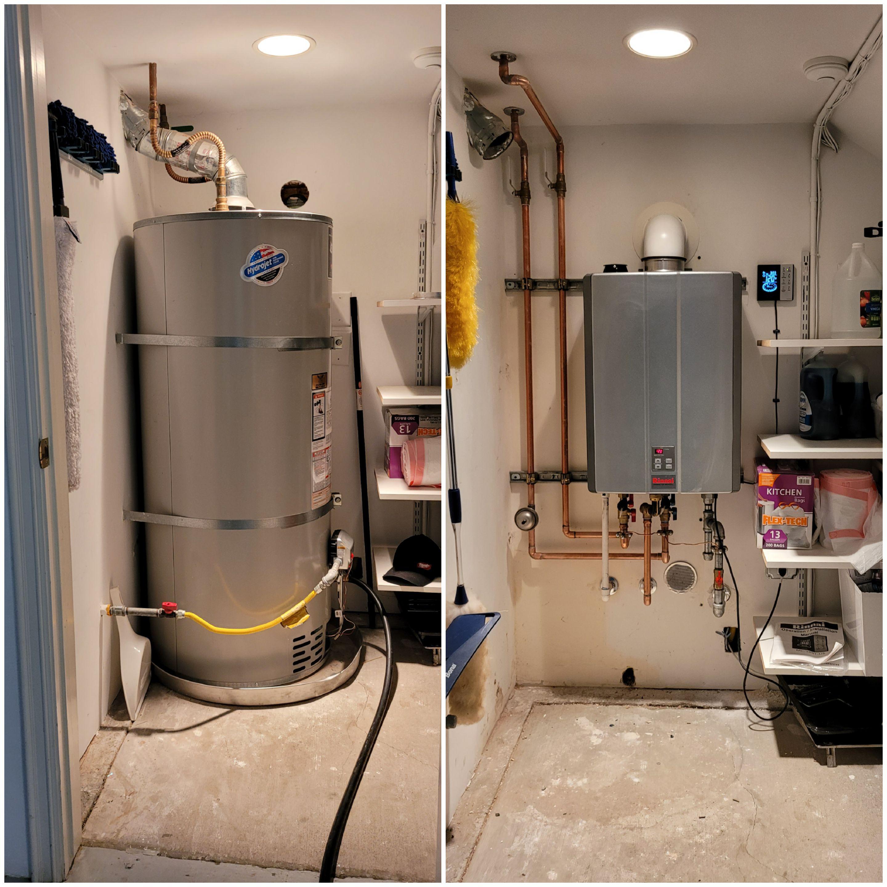 La imagen muestra una comparación lado a lado de una unidad de vivienda con un calentador de agua de tanque antes del reemplazo, y un calentador de agua sin tanque después del reemplazo.