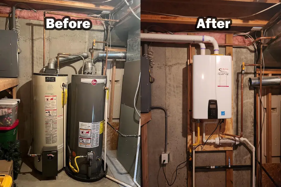 La imagen muestra una comparación lado a lado de una unidad de vivienda con un calentador de agua de tanque antes del reemplazo, y un calentador de agua sin tanque después del reemplazo.