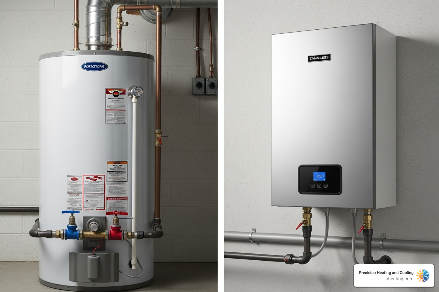 A conventional tank water heater next to a sleek tankless unit - same day water heater replacement A conventional tank water heater next to a sleek tankless unit - same day water heater replacement