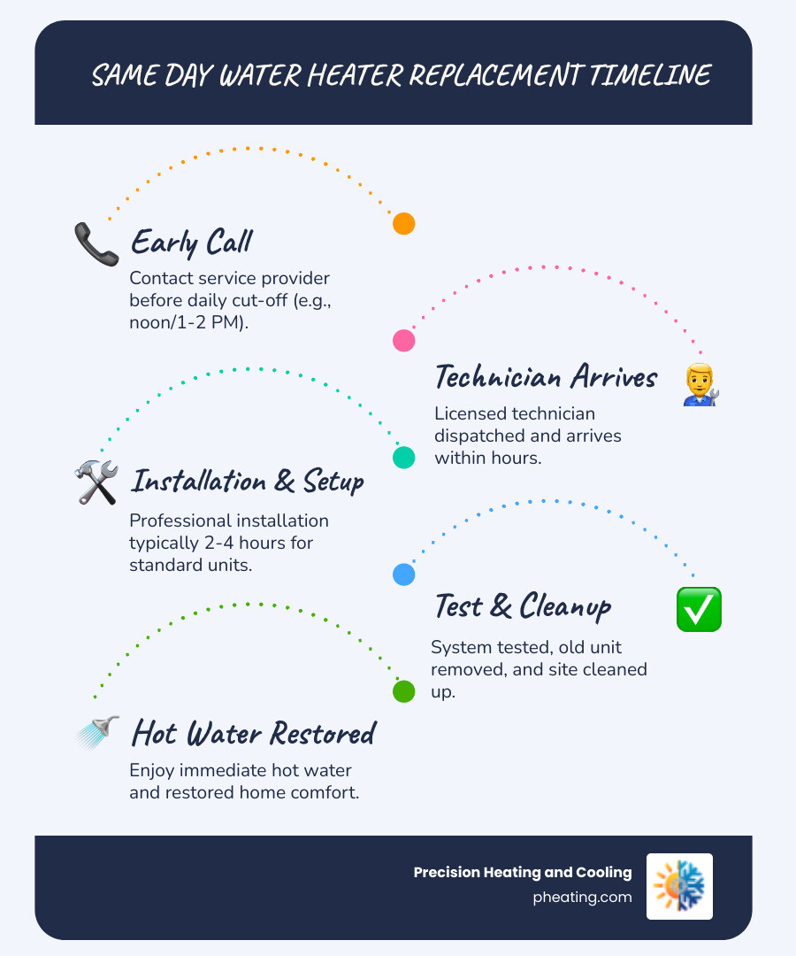 infographic showing the same day water heater replacement timeline: morning call before cutoff time, technician arrival within hours, 2-4 hour installation window, same-day hot water restoration, with icons for delivery, installation, testing, and cleanup - same day water heater replacement infographic infographic-line-5-steps-blues-accent_colors infographic showing the same day water heater replacement timeline: morning call before cutoff time, technician arrival within hours, 2-4 hour installation window, same-day hot water restoration, with icons for delivery, installation, testing, and cleanup - same day water heater replacement infographic infographic-line-5-steps-blues-accent_colors