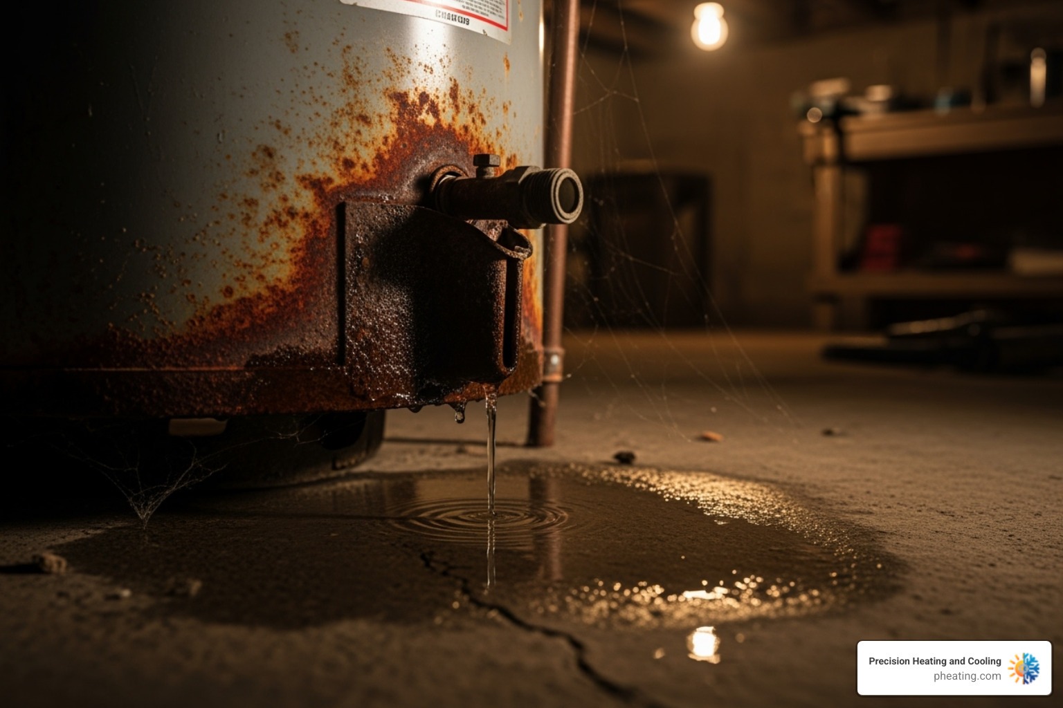 A rusty, leaking water heater tank in a basement - same day water heater replacement A rusty, leaking water heater tank in a basement - same day water heater replacement