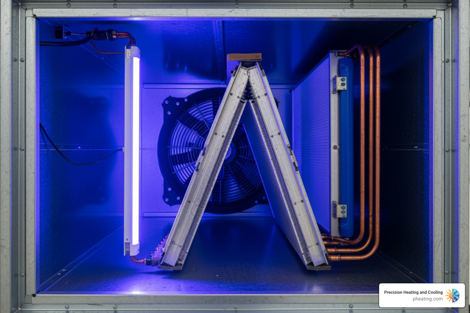 A UV light installed inside an HVAC air handler, illuminating the coil. - UV light HVAC A UV light installed inside an HVAC air handler, illuminating the coil. - UV light HVAC