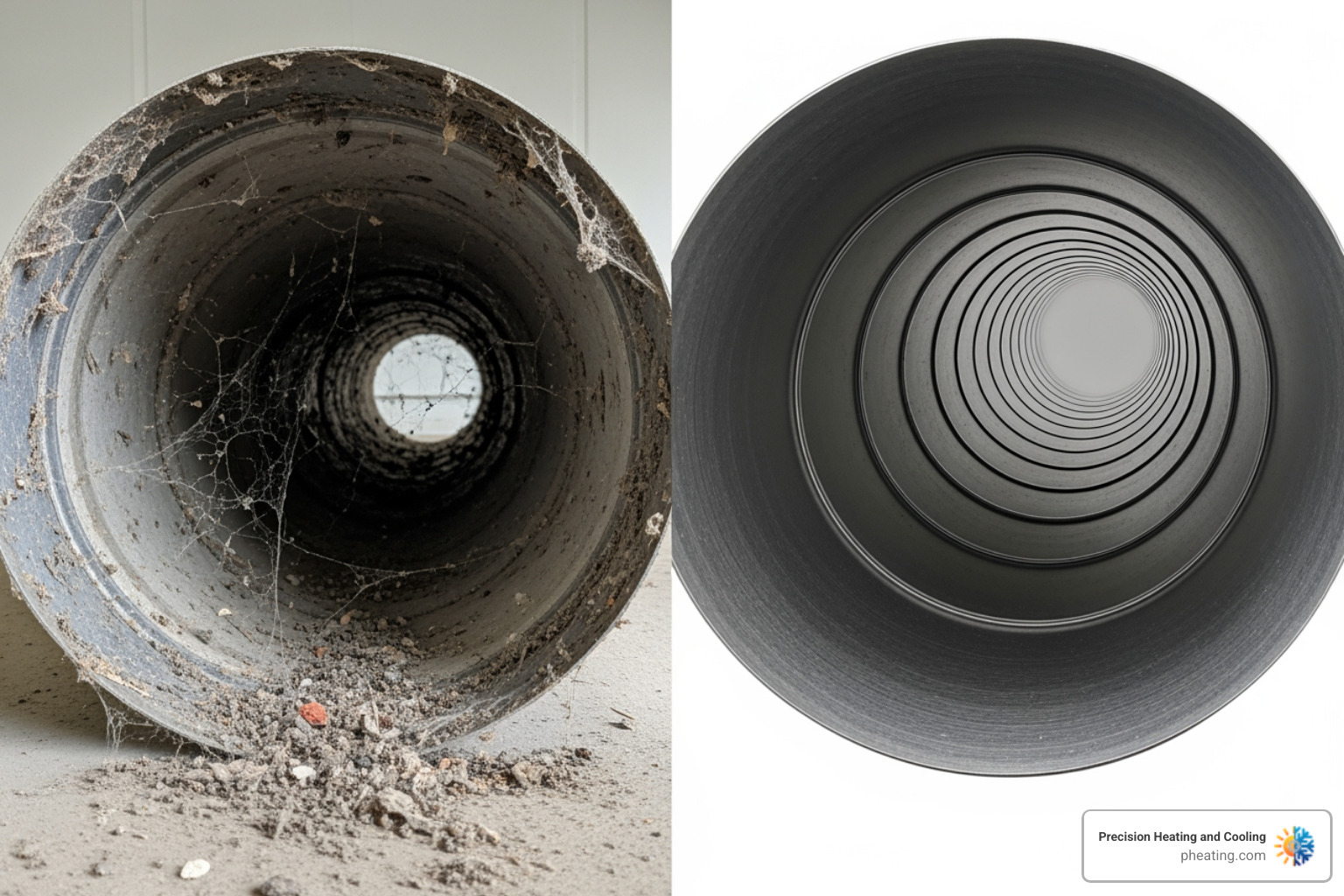 side-by-side comparison of a dirty, clogged air duct and a clean one - Duct cleaning San Jose