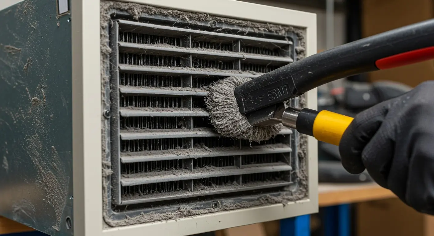 Close-up of a person using a brush attachment on a vacuum to clean heavy dust from a vent.