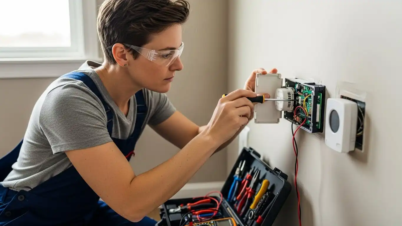 Female technician wearing safety glasses and overalls installing or repairing a wall-mounted thermostat