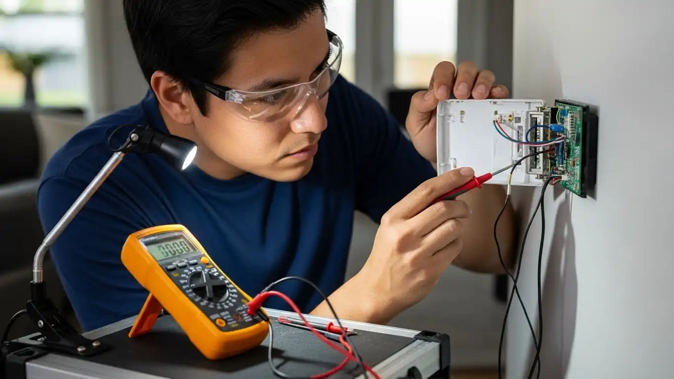 Male technician wearing safety glasses testing wires on a wall-mounted thermostat with a digital multimeter
