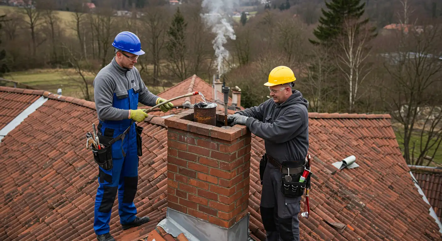 Two chimney sweeps in gray uniforms and yellow hard hats use cleaning rods to work on a brick chimney on a dark shingled roof, with smoke rising