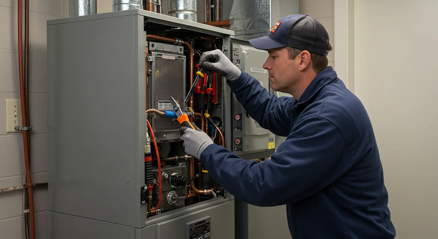 A technician in a baseball cap and gray gloves uses a red and blue tool to work on the internal components of a furnace.