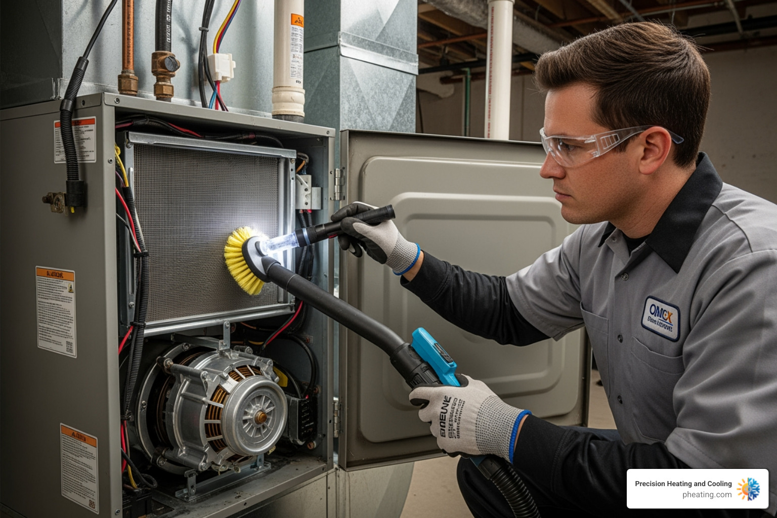 A skilled technician carefully cleaning the internal components of a furnace, ensuring optimal performance and efficiency. - San Jose furnace repair A skilled technician carefully cleaning the internal components of a furnace, ensuring optimal performance and efficiency. - San Jose furnace repair