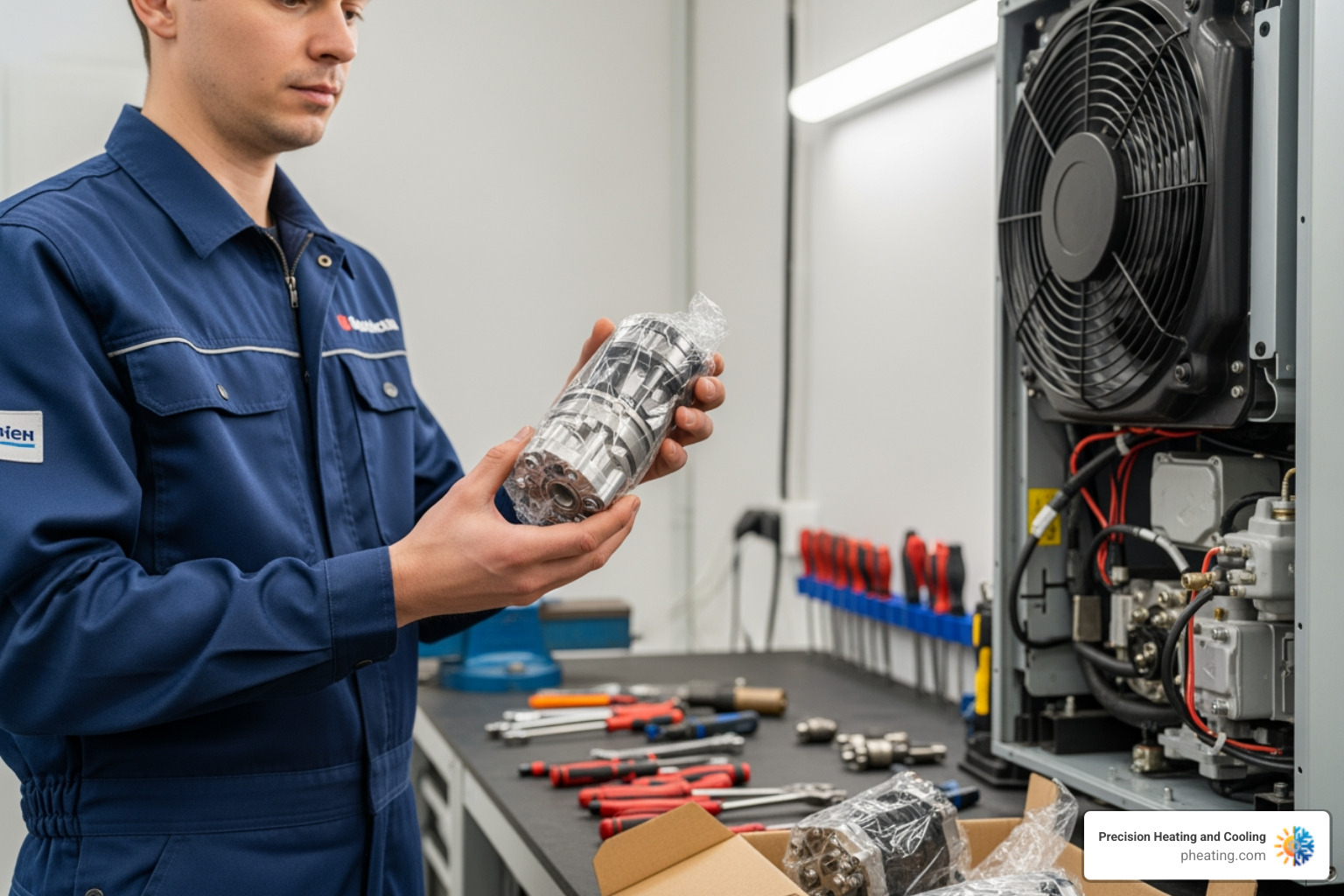 technician holding an OEM compressor part - commercial refrigeration repairman technician holding an OEM compressor part - commercial refrigeration repairman