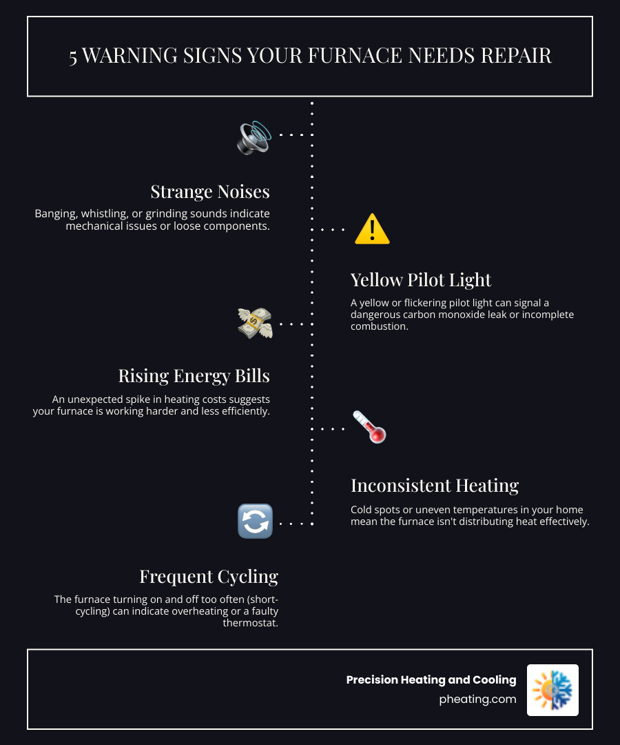 Infographic showing 5 warning signs your furnace needs immediate repair including strange noises, yellow pilot light, rising energy bills, inconsistent heating, and frequent cycling with accompanying icons and brief explanations - Furnace repair Sunnyvale infographic infographic-line-5-steps-dark Infographic showing 5 warning signs your furnace needs immediate repair including strange noises, yellow pilot light, rising energy bills, inconsistent heating, and frequent cycling with accompanying icons and brief explanations - Furnace repair Sunnyvale infographic infographic-line-5-steps-dark