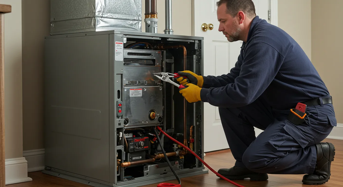 A technician in blue overalls and yellow gloves kneels, using pliers to work on the internal components of a gas furnace.