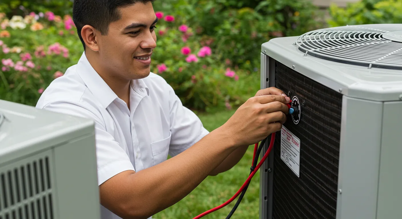 A smiling male technician in a white collared shirt is standing outdoors near a garden with pink flowers, leaning over an outdoor air conditioning unit. He is wearing a black glove on his right hand and is connecting a set of red and black wires (likely from a multimeter or gauge set) to the service ports or electrical connections on the side of the AC condenser unit.
