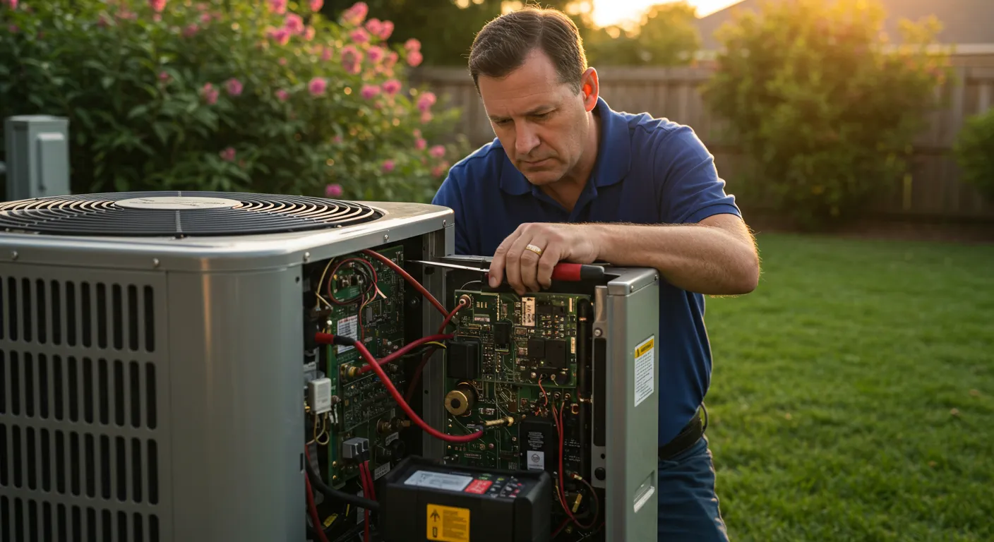 A focused male HVAC technician in a dark blue polo shirt is kneeling outdoors in a garden setting, leaning over a large outdoor air conditioning condenser unit. He is using a screwdriver to work on the electrical components and circuit board visible inside the open access panel of the unit. The background features green grass and pink flowers, with the sunset light catching the foliage.