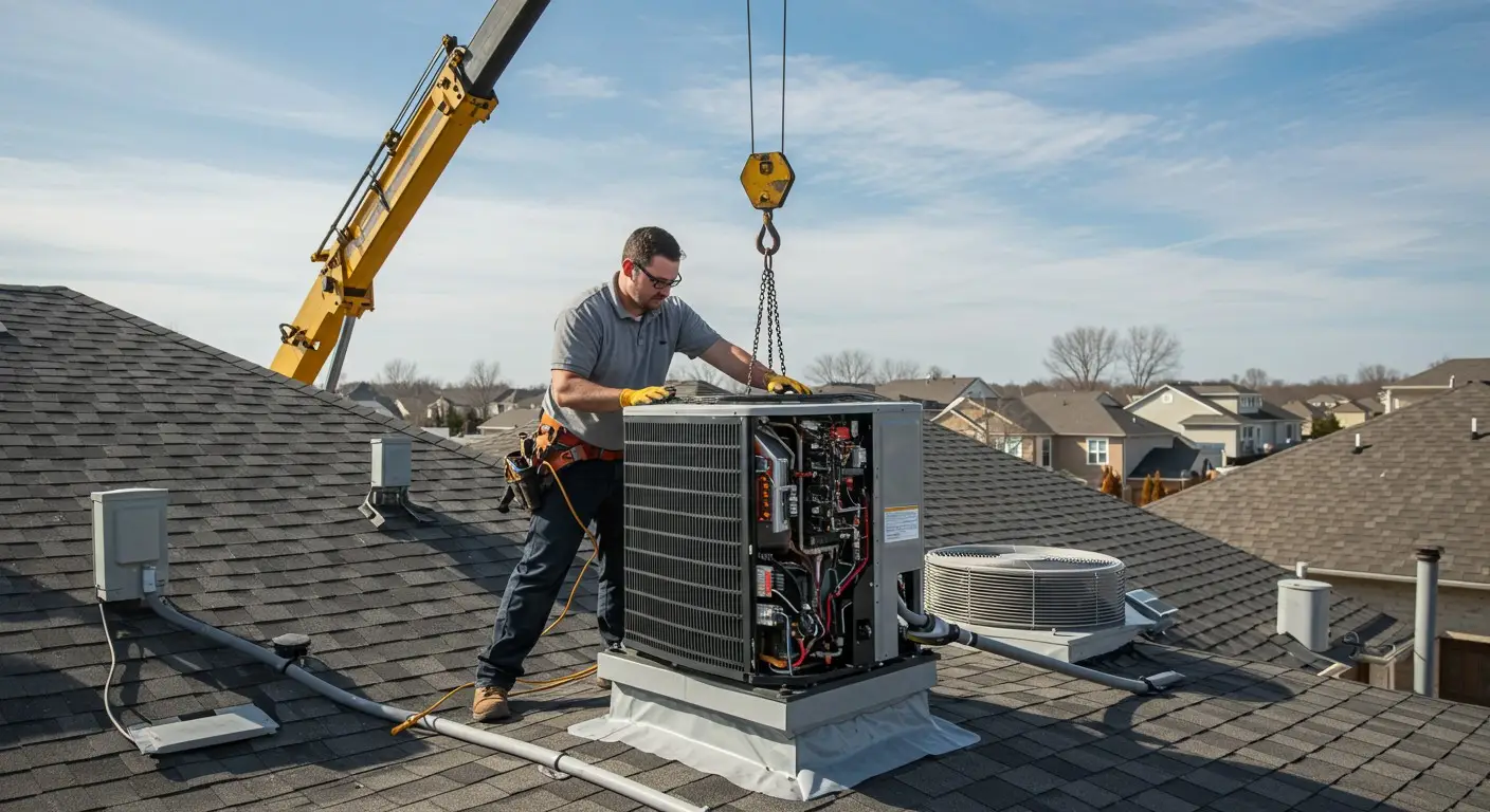 Technician checking residential outdoor AC unit.