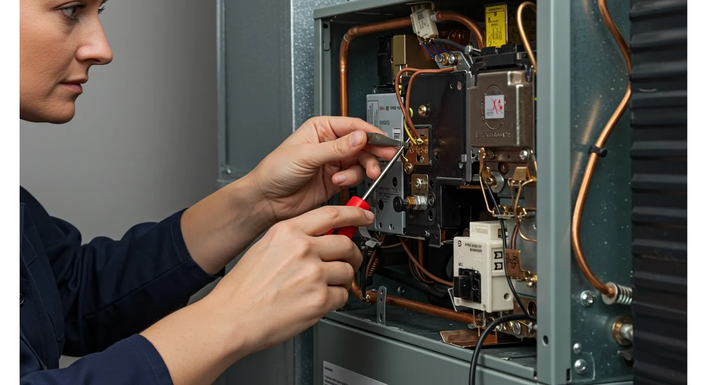 Woman repairing electrical components inside HVAC unit.