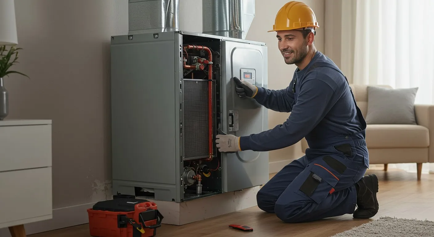 Technician installing electrical components inside heating unit.
