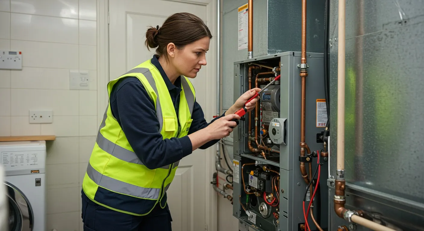 Man in safety glasses fixing furnace.