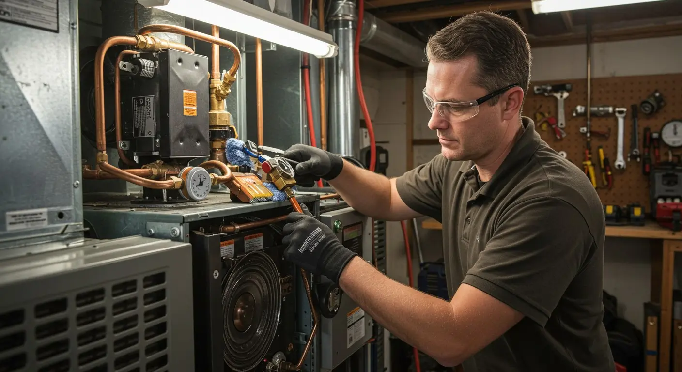Technicians tuning a heating unit component outdoors.
