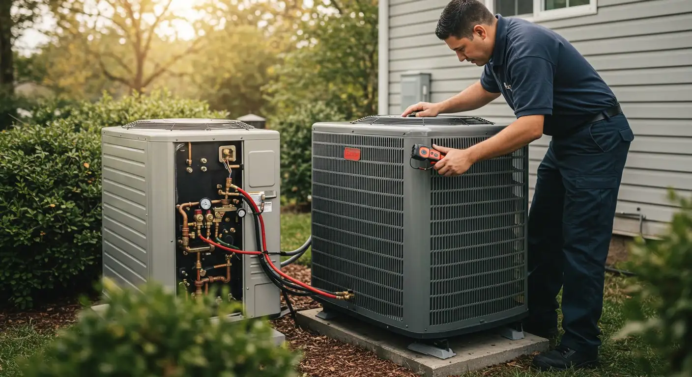 Man working on outdoor HVAC unit.