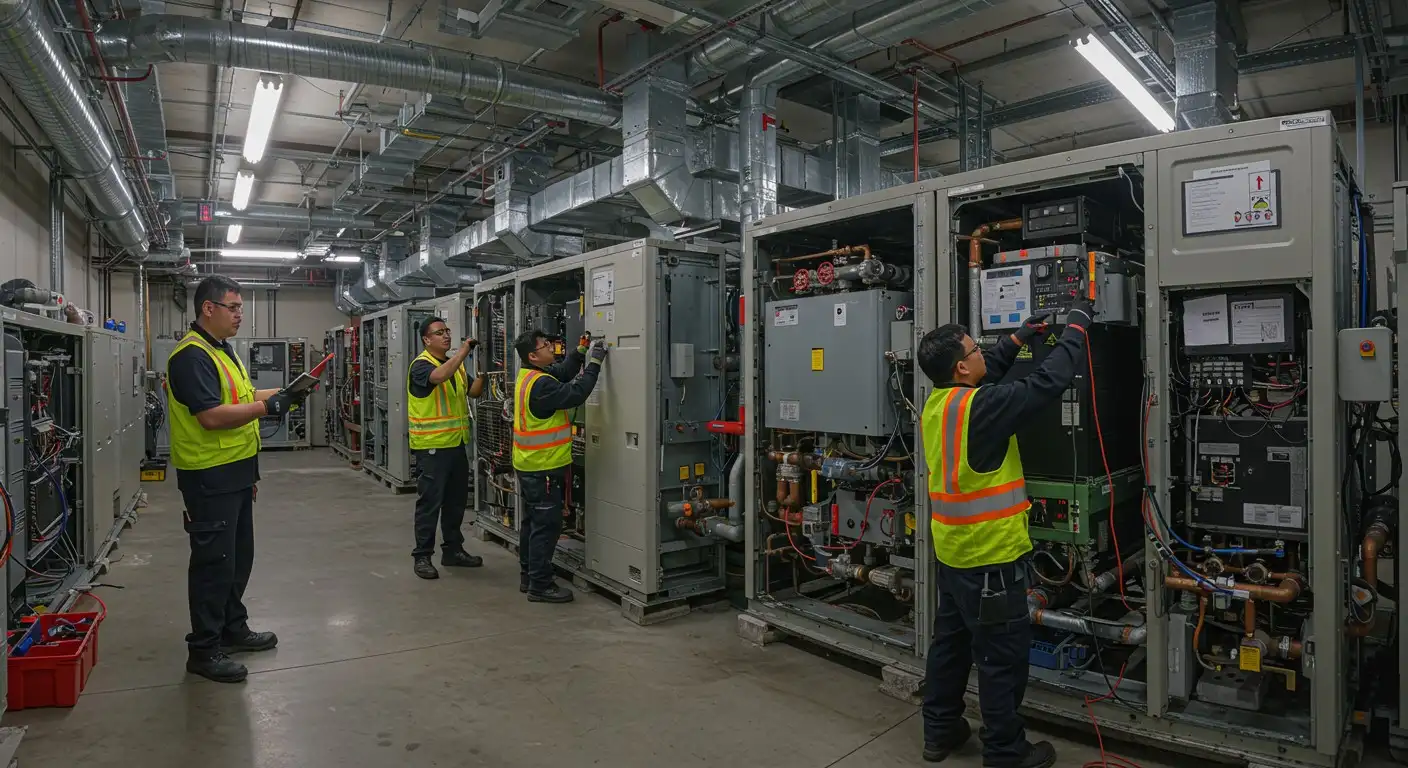 HVAC technicians servicing indoor commercial units.