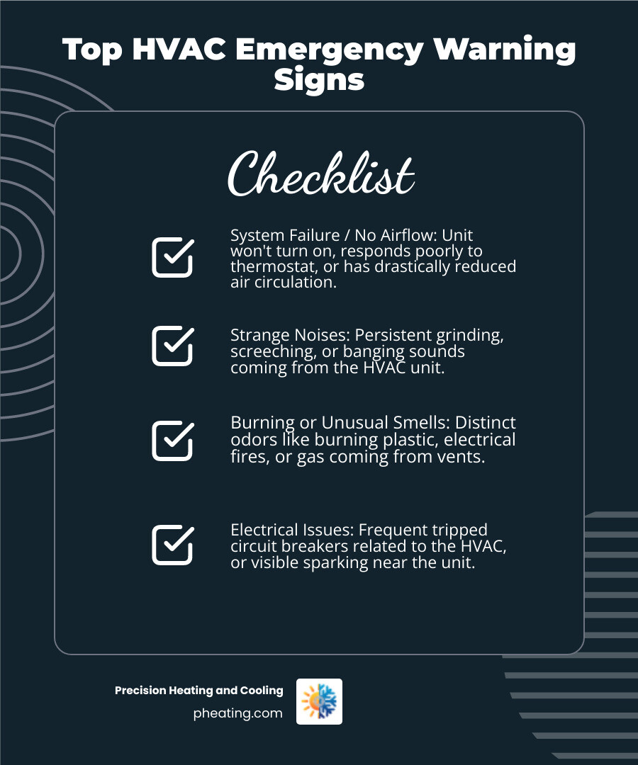 Infographic showing the top 5 warning signs of an HVAC emergency: 1) System won't turn on or responds poorly to thermostat changes, 2) Strange noises like grinding, screeching, or banging from the unit, 3) Burning smell or unusual odors coming from vents, 4) No airflow or drastically reduced air circulation, 5) Visible electrical issues such as tripped breakers or sparking - Emergency HVAC repair infographic checklist-dark-blue Infographic showing the top 5 warning signs of an HVAC emergency: 1) System won't turn on or responds poorly to thermostat changes, 2) Strange noises like grinding, screeching, or banging from the unit, 3) Burning smell or unusual odors coming from vents, 4) No airflow or drastically reduced air circulation, 5) Visible electrical issues such as tripped breakers or sparking - Emergency HVAC repair infographic checklist-dark-blue