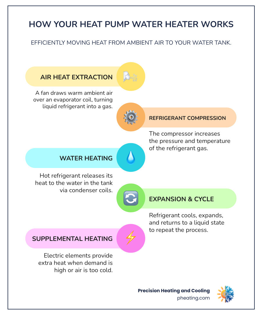 Infographic showing side-by-side comparison of conventional electric water heater creating heat through resistance elements versus heat pump water heater moving heat from ambient air through refrigeration cycle, with arrows indicating energy flow and efficiency ratings - heat pump water heater how it works infographic infographic-line-5-steps-colors Infographic showing side-by-side comparison of conventional electric water heater creating heat through resistance elements versus heat pump water heater moving heat from ambient air through refrigeration cycle, with arrows indicating energy flow and efficiency ratings - heat pump water heater how it works infographic infographic-line-5-steps-colors