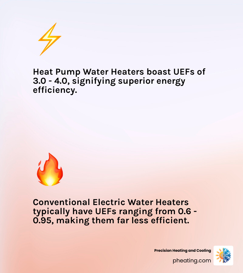 Infographic comparing the Uniform Energy Factor (UEF) of HPWHs to conventional electric and gas water heaters, showing HPWHs having significantly higher UEF values - heat pump water heater how it works infographic 2_facts_emoji_light-gradient Infographic comparing the Uniform Energy Factor (UEF) of HPWHs to conventional electric and gas water heaters, showing HPWHs having significantly higher UEF values - heat pump water heater how it works infographic 2_facts_emoji_light-gradient