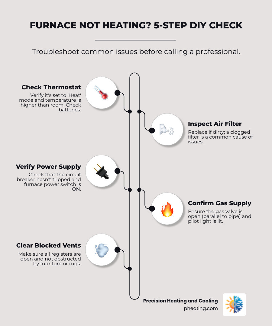 Furnace troubleshooting flowchart showing five diagnostic steps: 1) Check thermostat settings and batteries, 2) Inspect and replace air filter if dirty, 3) Verify power supply at breaker and furnace switch, 4) Confirm gas valve is open and pilot light is lit, 5) Check for blocked vents or registers. Each step includes a "Problem solved?" decision point, with "Yes" leading to "Furnace working" and "No" progressing to the next step, with final step leading to "Call professional technician" - furnace not heating infographic infographic-line-5-steps-elegant_beige