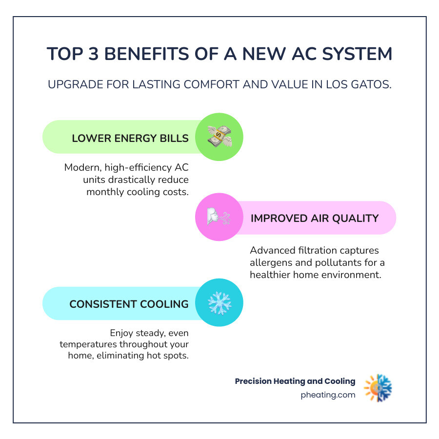 infographic showing three key benefits of new AC systems: lower monthly energy bills with dollar sign and downward arrow, improved indoor air quality with clean air filter icon, and consistent whole-home cooling with thermostat display - ac installation deals in los gatos, ca infographic infographic-line-3-steps-colors infographic showing three key benefits of new AC systems: lower monthly energy bills with dollar sign and downward arrow, improved indoor air quality with clean air filter icon, and consistent whole-home cooling with thermostat display - ac installation deals in los gatos, ca infographic infographic-line-3-steps-colors