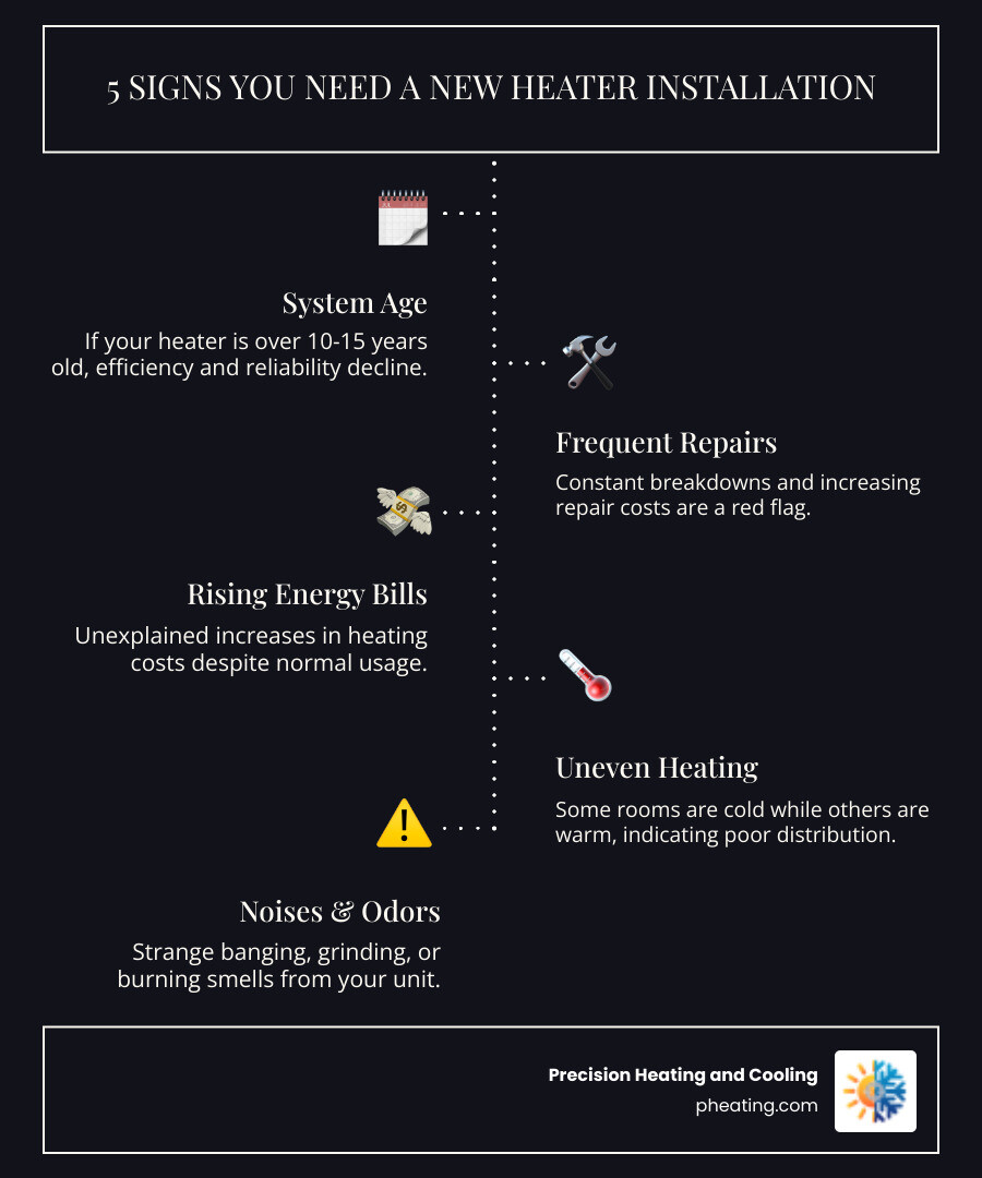 infographic showing five warning signs you need new heater installation: system age over 15 years, frequent repair costs adding up, rising energy bills despite normal usage, uneven room temperatures throughout home, and strange noises or burning smells from unit - heater installation in sunnyvale ca infographic infographic-line-5-steps-dark infographic showing five warning signs you need new heater installation: system age over 15 years, frequent repair costs adding up, rising energy bills despite normal usage, uneven room temperatures throughout home, and strange noises or burning smells from unit - heater installation in sunnyvale ca infographic infographic-line-5-steps-dark
