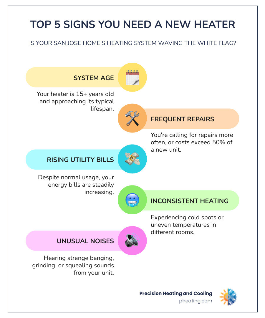 infographic showing signs you need heater replacement: system over 15 years old, frequent repair calls, utility bills increasing steadily, cold spots in rooms, unusual noises like banging or grinding, yellow pilot light flame, and shortened heating cycles - heater installation in san jose ca infographic infographic-line-5-steps-colors infographic showing signs you need heater replacement: system over 15 years old, frequent repair calls, utility bills increasing steadily, cold spots in rooms, unusual noises like banging or grinding, yellow pilot light flame, and shortened heating cycles - heater installation in san jose ca infographic infographic-line-5-steps-colors